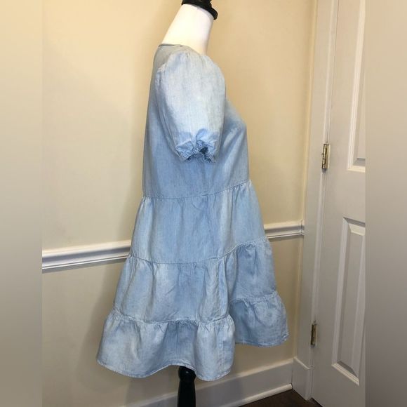 ZARA Blue V-Neck Short Puff Sleeve Babydoll Dress w Tiered Skirt Sz MD - Picture 2 of 16